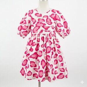 Pink Chicken Renee Dress Leopard Print Girls 10Y Pink White Pintuck Puff Sleeve